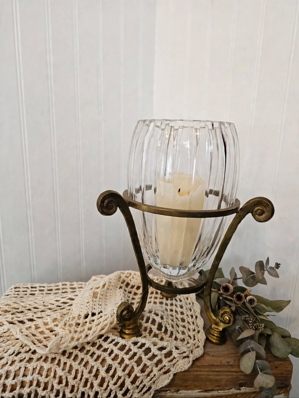 Vintage Art Deco Cut Crystal Bullet Vase W/ Welded Solid Brass Tripod Stand